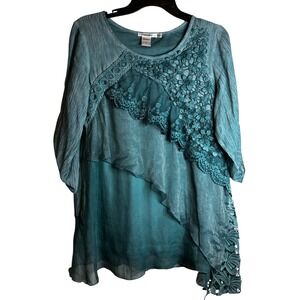 Feratelli Women's Chiffon Tunic Top Small Blue Green‎ Lace Embroidered